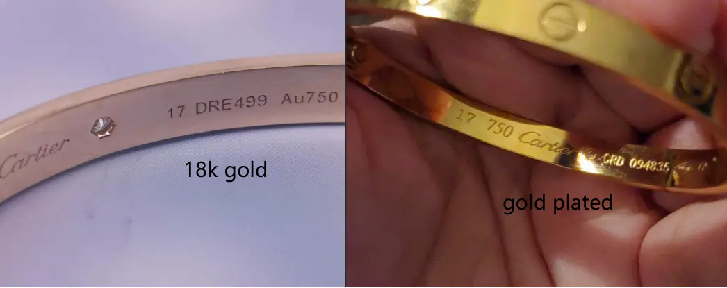 18k gold Cartier Love bracelet logo vs gold plated engraving