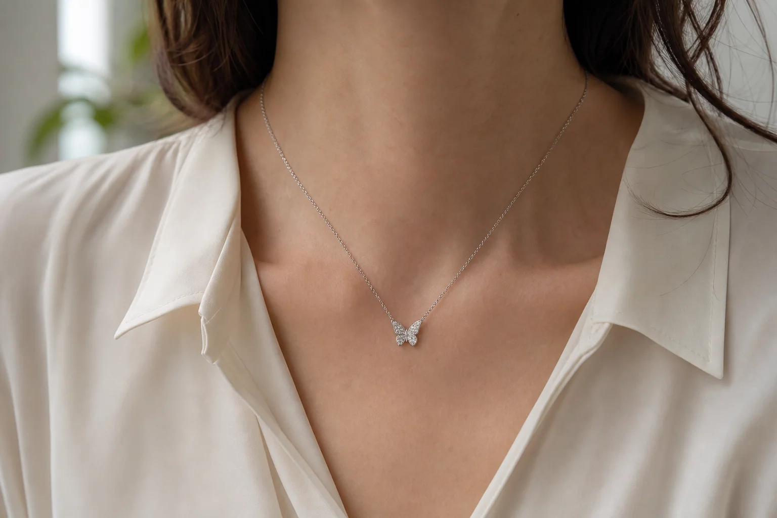 Conceptual small butterfly diamond pendant shown at everyday-wear scale