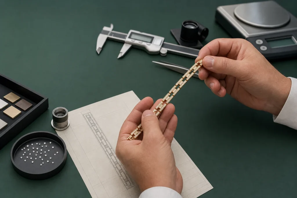 doluxurys-jewelry-quality-control-editorial Jeweler inspecting a generic gold and diamond bracelet with a caliper, loupe and scale
