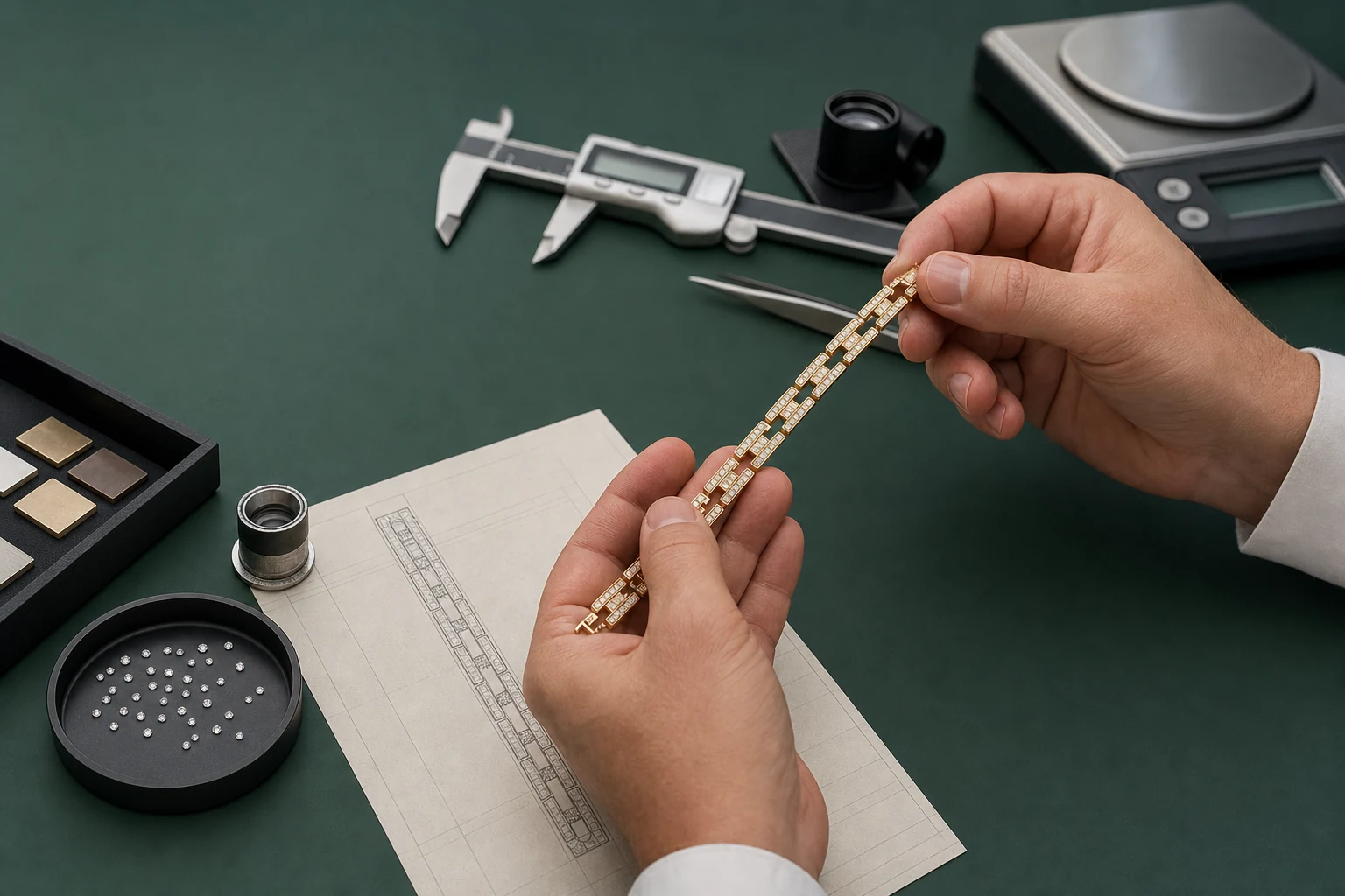 Jeweler inspecting a generic gold and diamond bracelet with a caliper, loupe and scale
