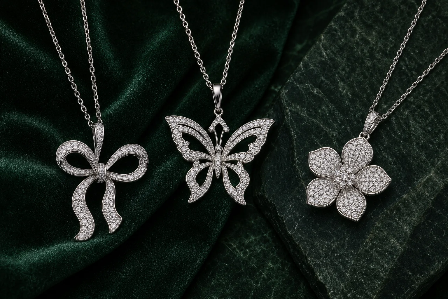 Conceptual comparison of bow, butterfly and wild flower diamond jewelry motifs